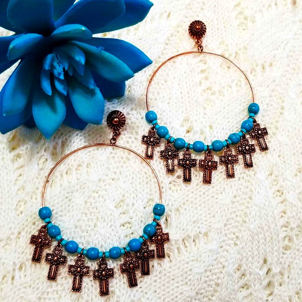 Earrings Wire Hoops Copper Crosses Turquoise Beads Pierced Nwt 23$